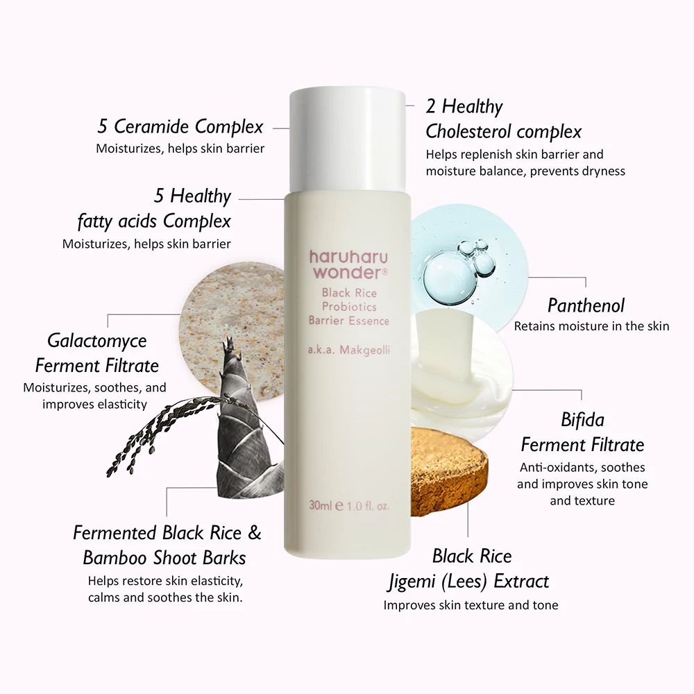 Beige fles met tekst en ingrediëntengraphics. Opschrift: haruharu wonder Black Rice Probiotics Barrier Essence. 30ml e 1.0 fl. oz.