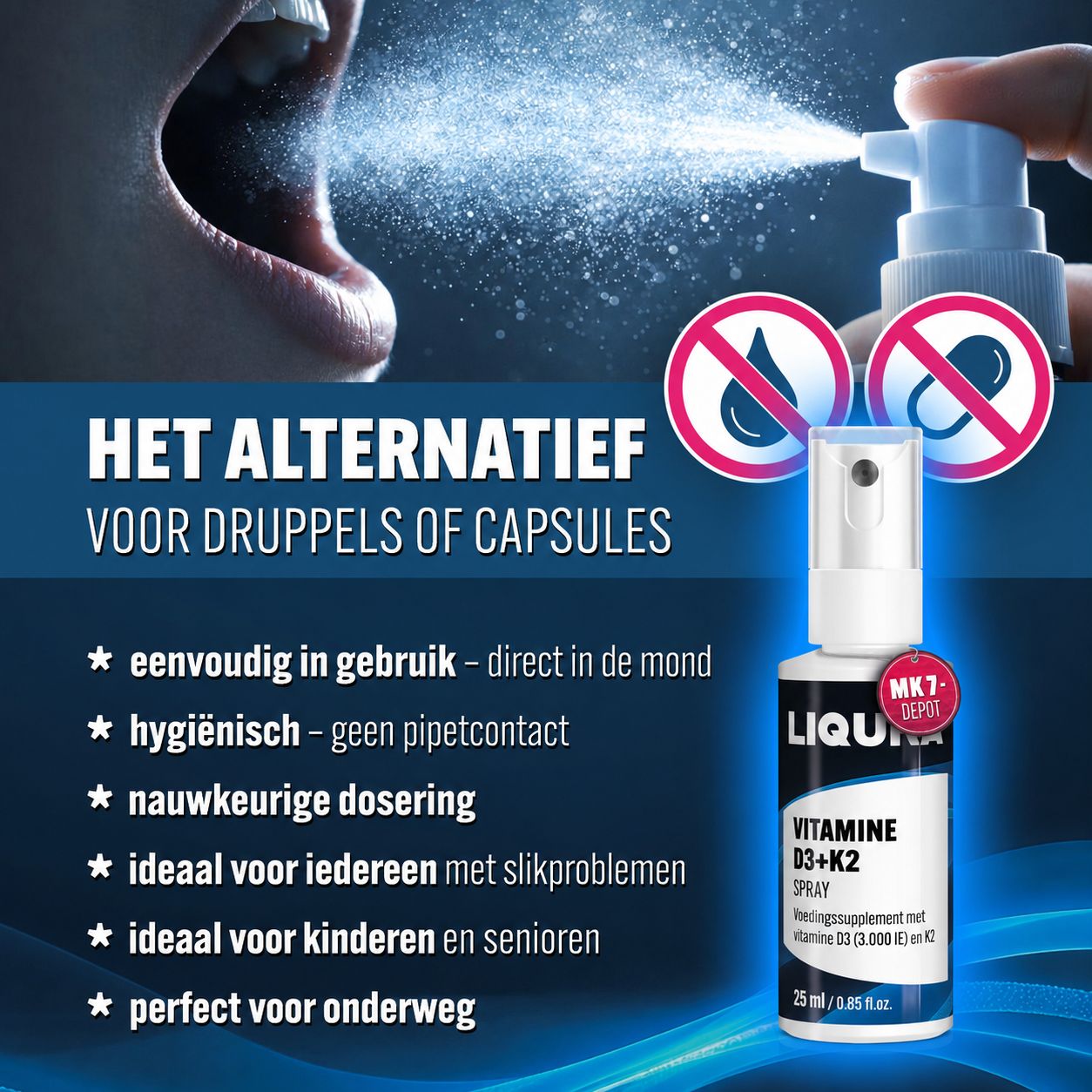 LIQURA Vitamine D3+K2 Spray: Zonsondergang achtergrond, Vitamine D info.