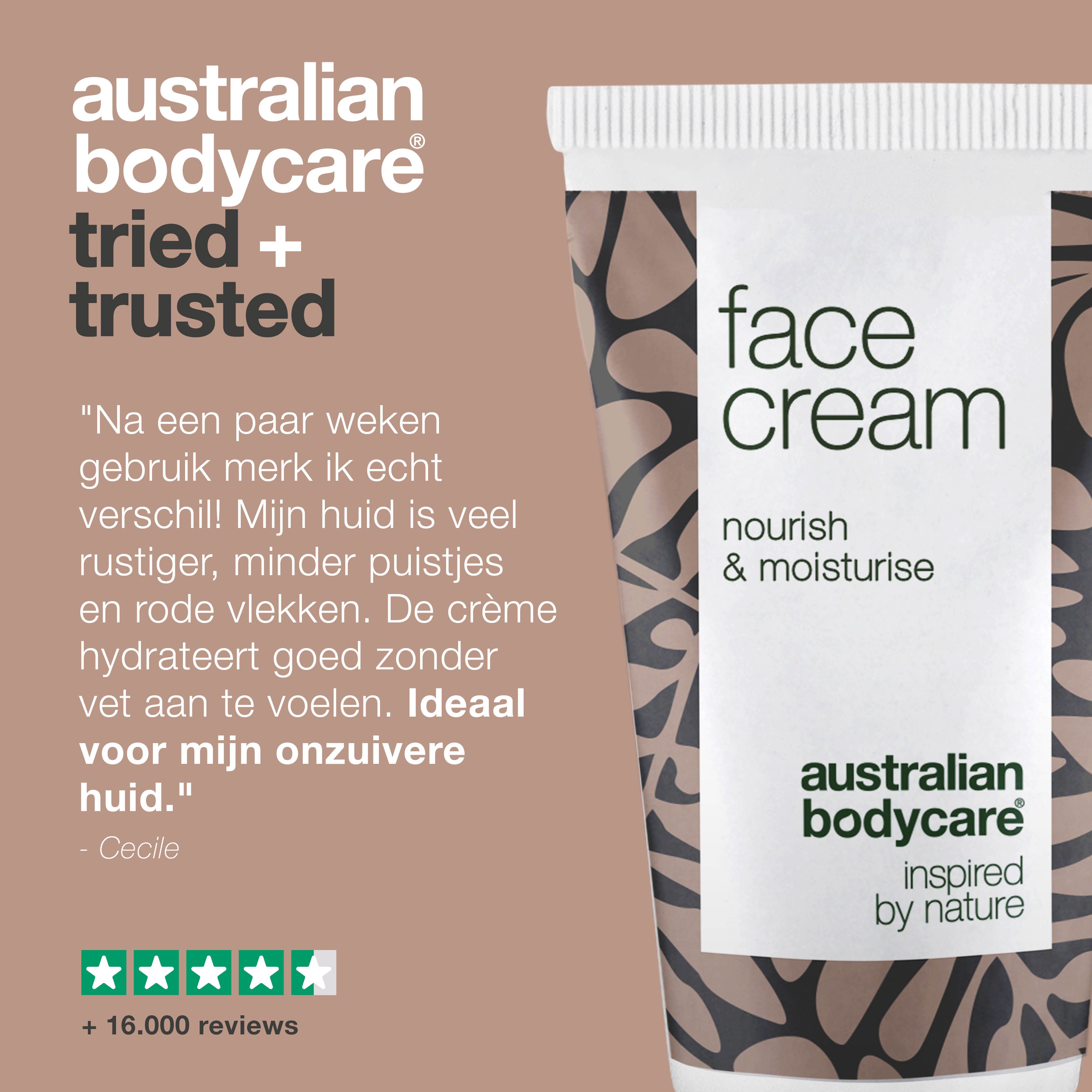 Tube met tekst: face cream. Merk: Australian Bodycare. Tekst: tried + trusted. Daarnaast: citaat en sterren.
