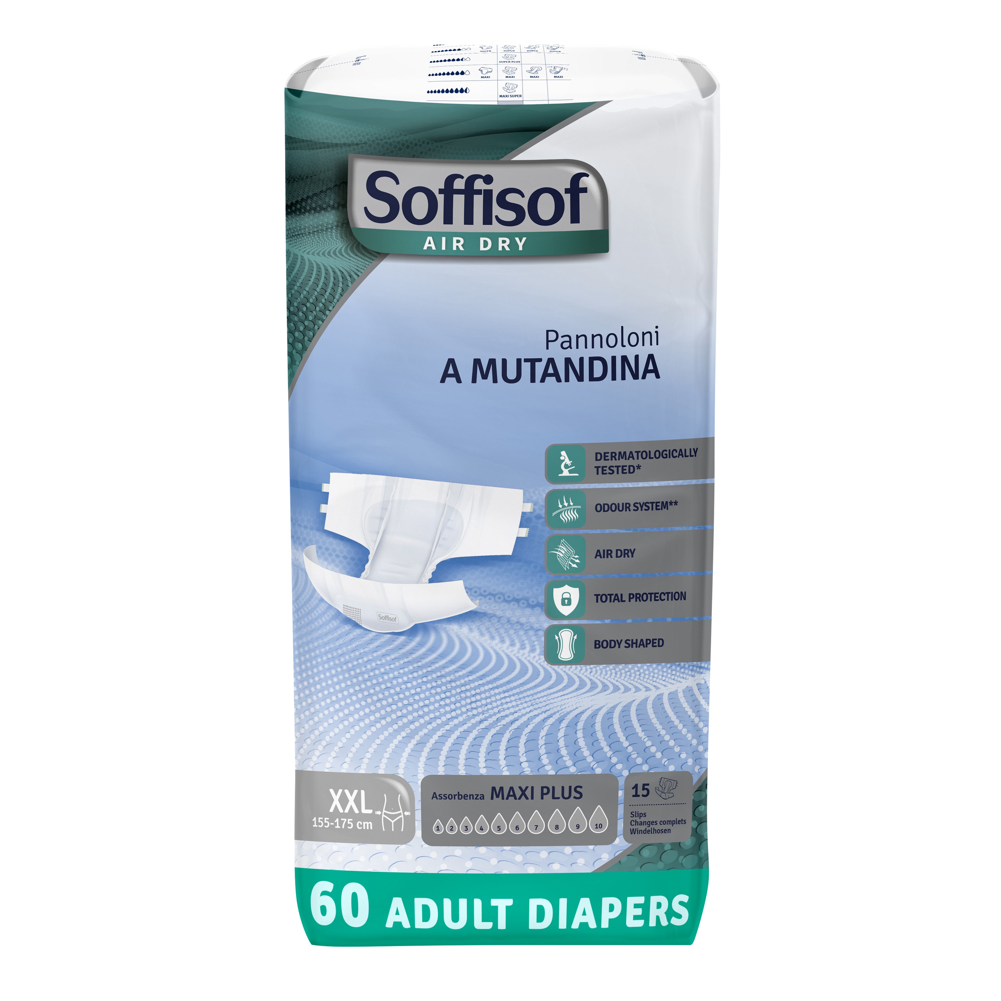 Verpakking Soffisof Air Dry Maxi Plus volwassen luiers. XXL, 155-175 cm. 60 stuks.