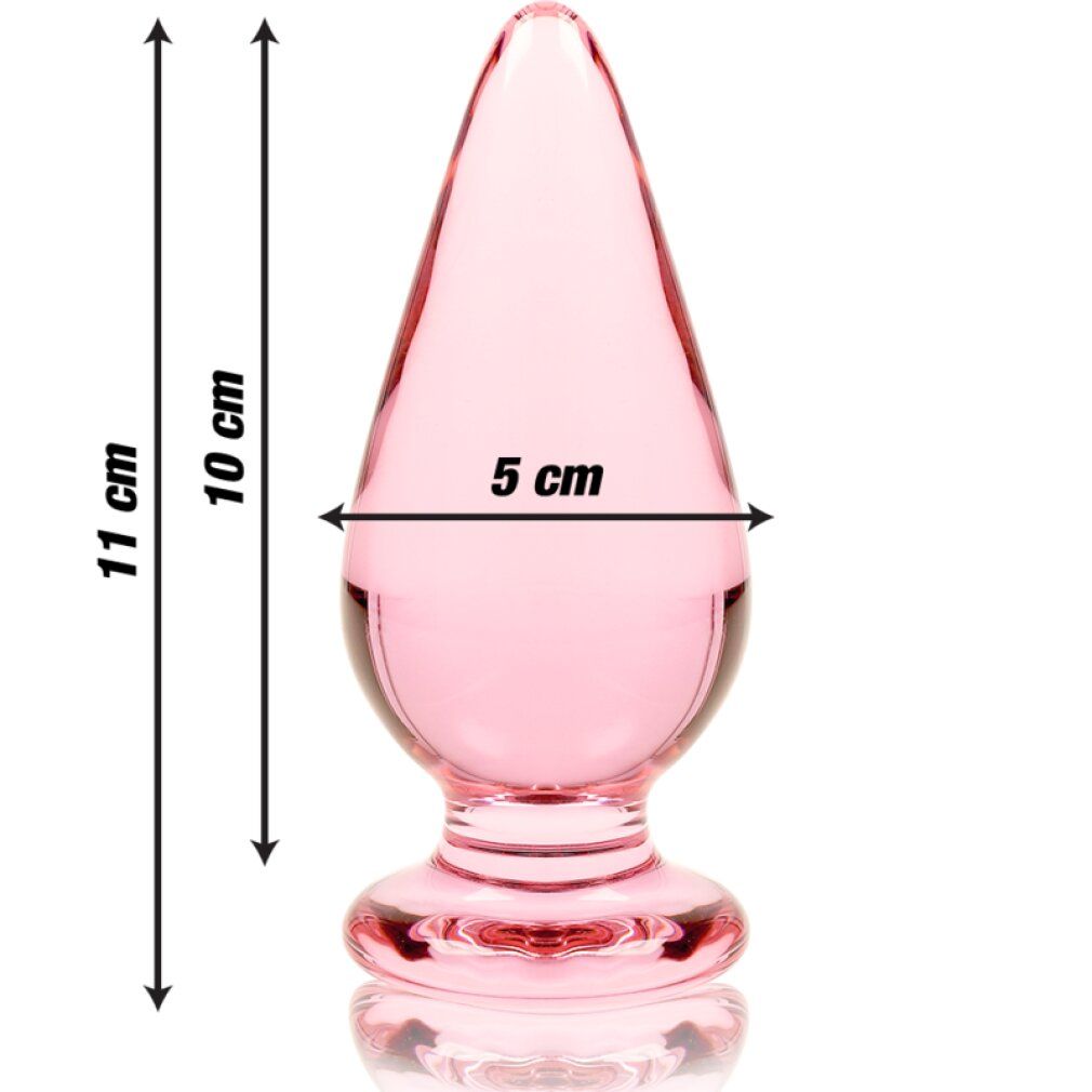 Plug anal en verre rose avec base large, 11 cm de long, 5 cm de large.