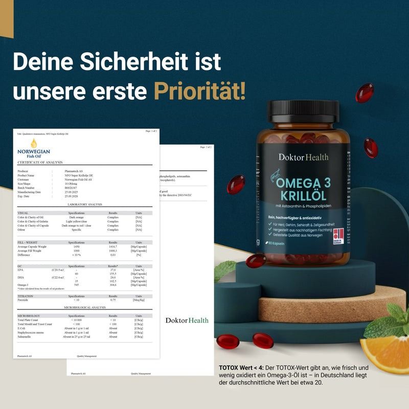 Flacon Doktor Health Omega-3 Krillöl, certificats à côté. Texte: Votre sécurité est notre priorité! Norwegian Fish Oil.