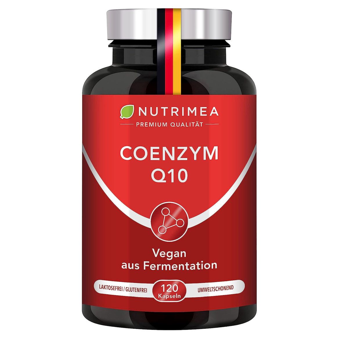 Zwarte fles met rood etiket. Bevat 120 capsules. Opschrift: COENZYM Q10, Vegan aus Fermentation. Met Duitse vlag.