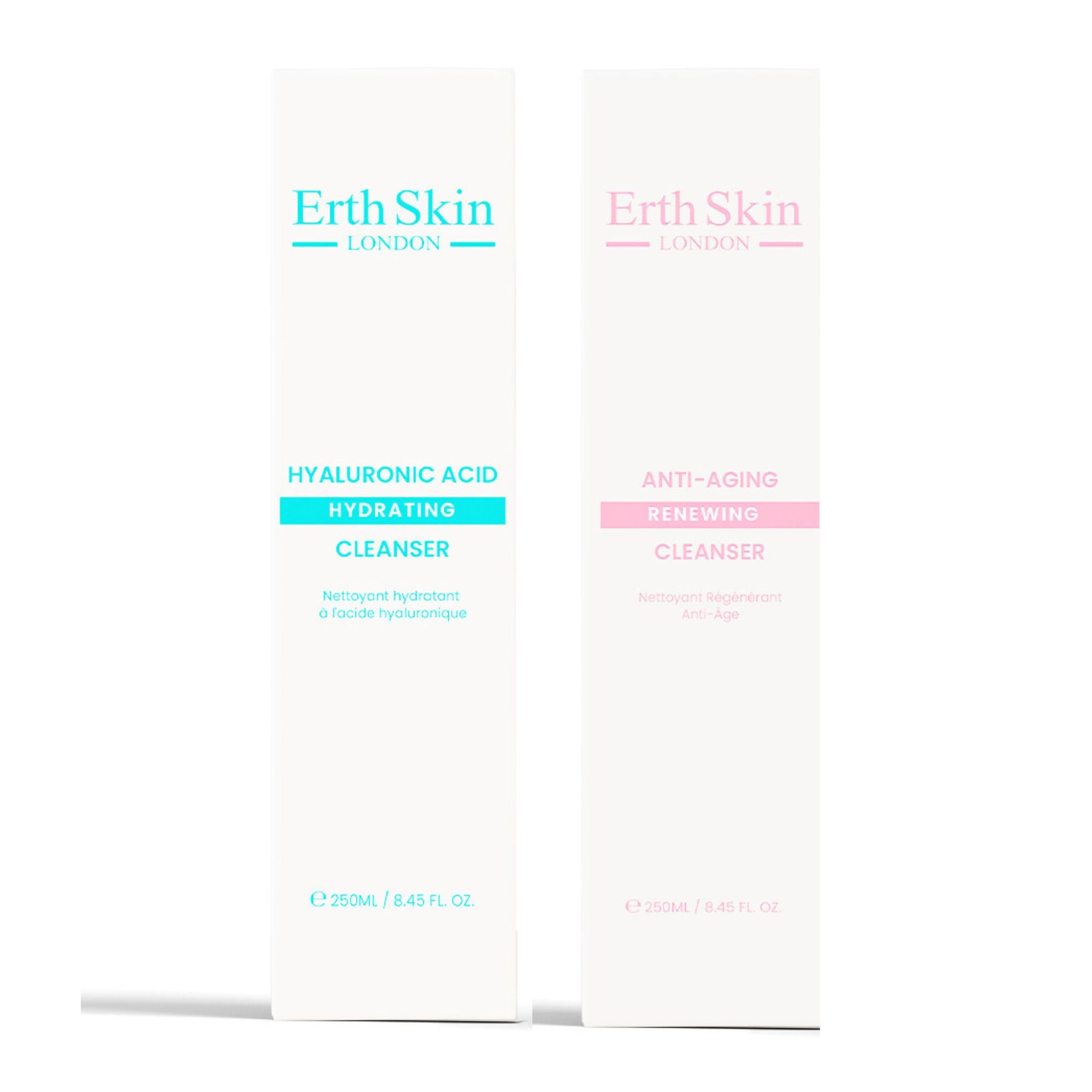 Deux emballages de produits. Inscription : Erth Skin London. Un emballage bleu, un rose. Inscription : Acide hyaluronique, Anti-âge.