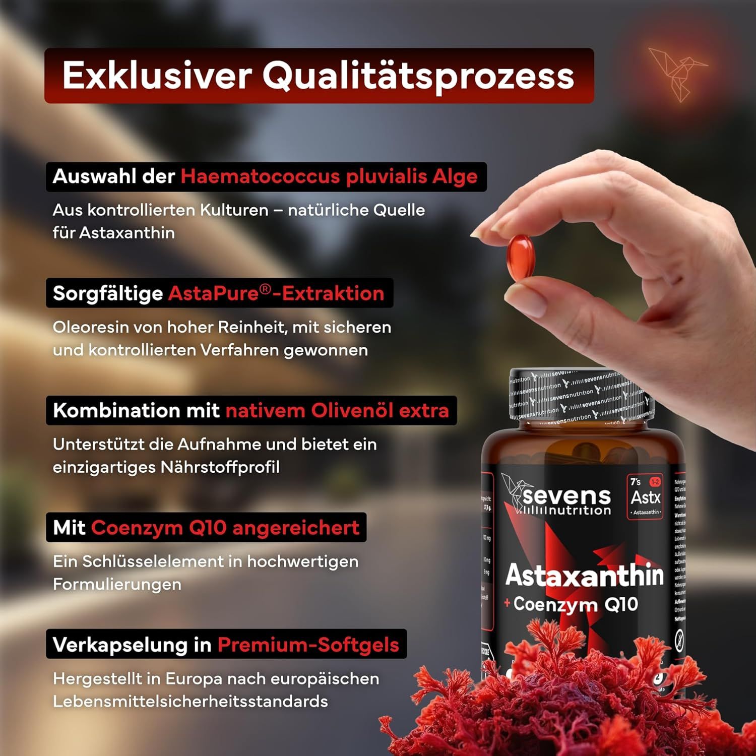 Hand toont astaxanthine capsule. Informatie over ingrediënten en productie.