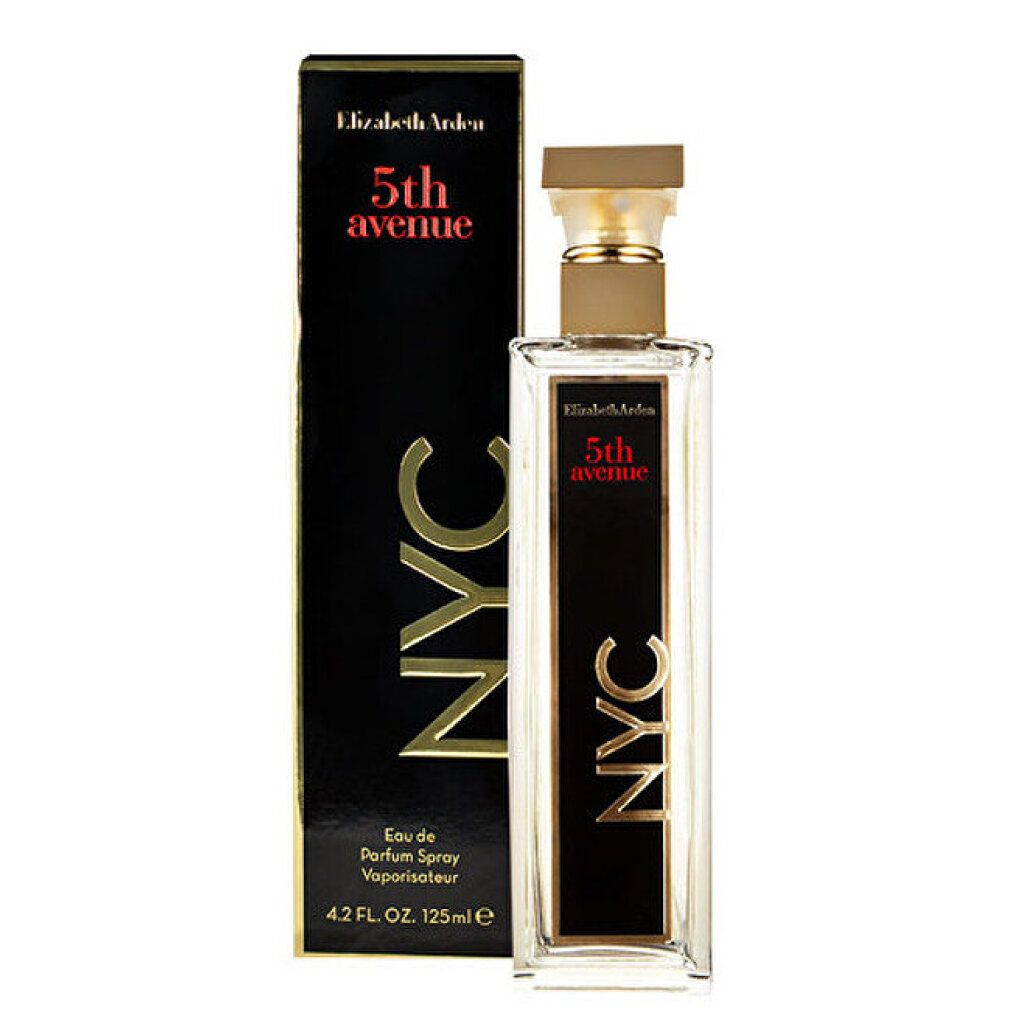 Parfumfles en doos. Fles rechthoekig, transparant. Zwarte doos met gouden tekst: NYC.