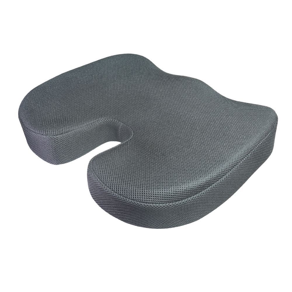 Coussin en forme de U, gris. Forme ergonomique avec découpe. Surface en maille.