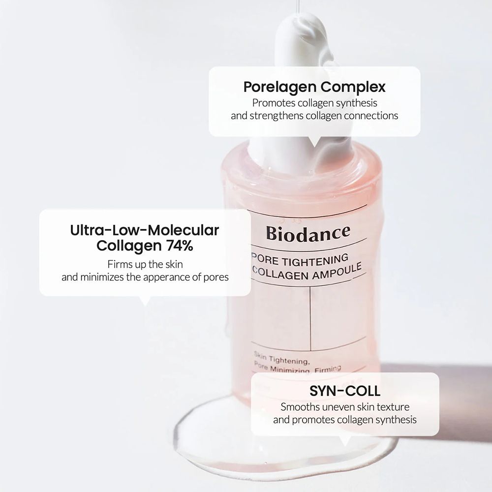 Roze fles met witte dop. Opschrift: Biodance Pore Tightening Collagen Ampoule. Informatieve teksten.