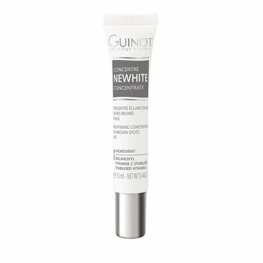 Tube Guinot Newhite Concentre. Tube blanc, bouchon argenté. Texte: Newhite, Concentre, 15ml.