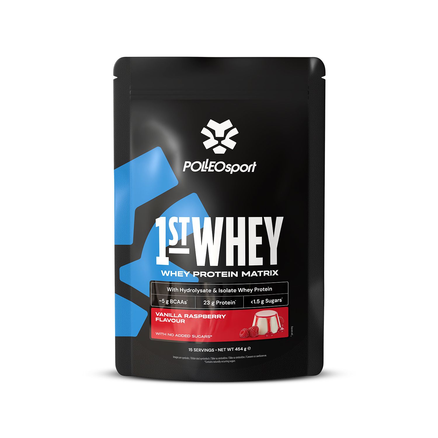 Zwarte zak "1ST:WHEY" vanille-framboos smaak. Bevat Whey Protein Matrix. Merk: PolleoSport. 454g.