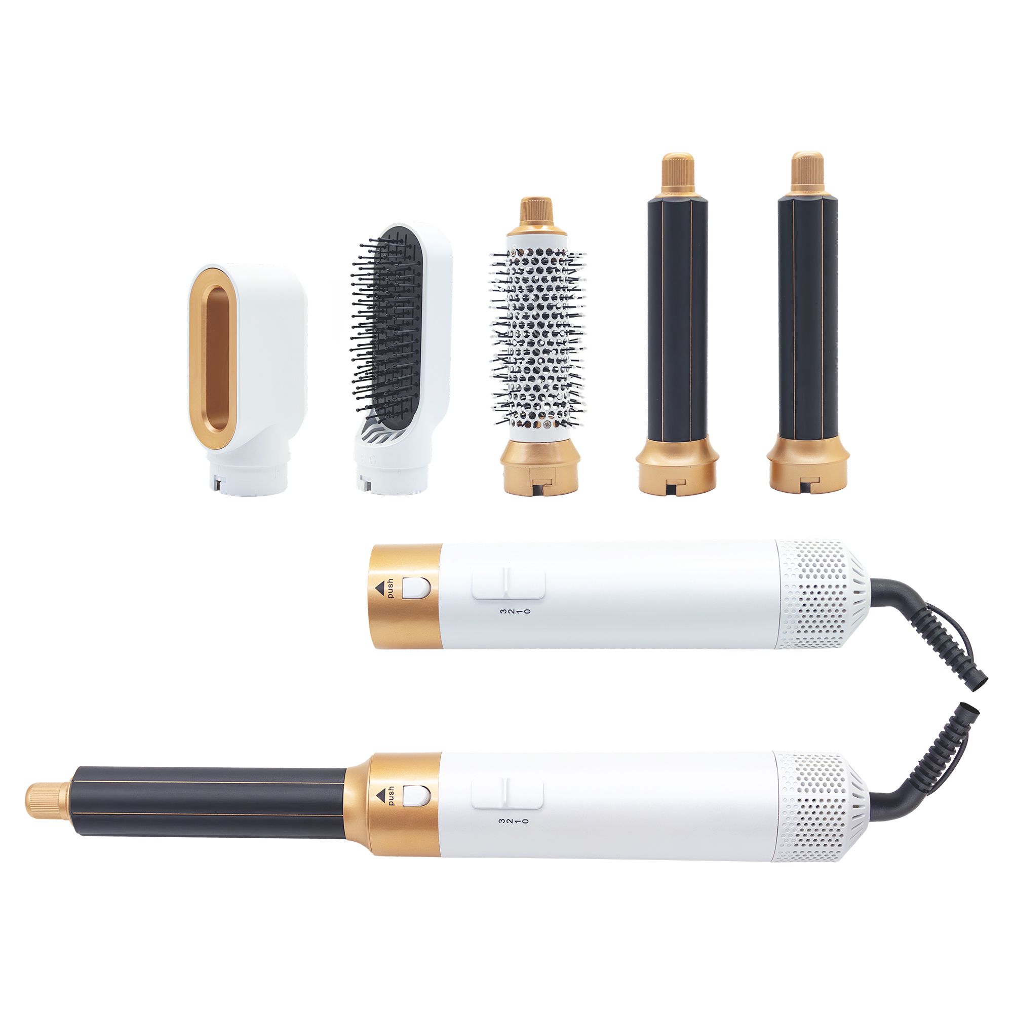 Erth Beauty 5-in-1 Airflow. Apparaat en opzetstukken in wit, zwart en goud. Meerdere onderdelen los.
