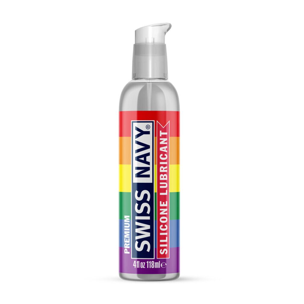 Siliconen glijmiddel in doorzichtige fles met pompdos. Regenboogontwerp op het etiket.
