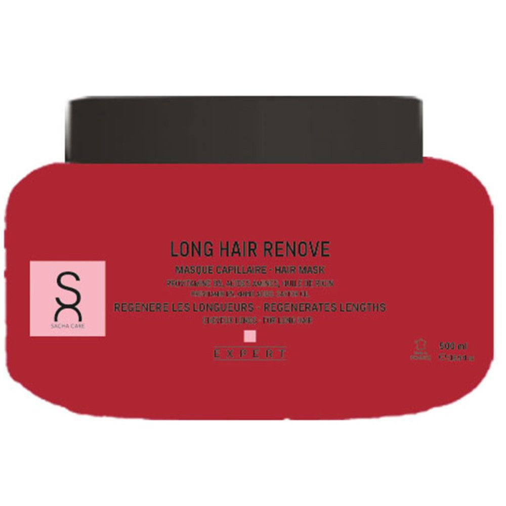 Pot rouge avec couvercle noir. Inscription: Long Hair Remove, Hair Mask, Expert. Logo: Sacha Care.