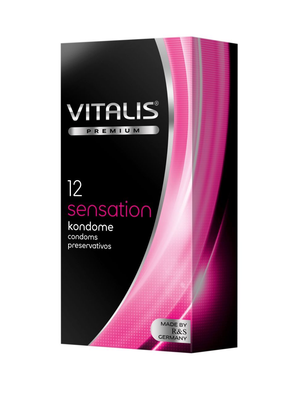 Boîte noire avec accents roses. Inscription : VITALIS PREMIUM, 12 sensation préservatifs. Fabriqué en Allemagne.