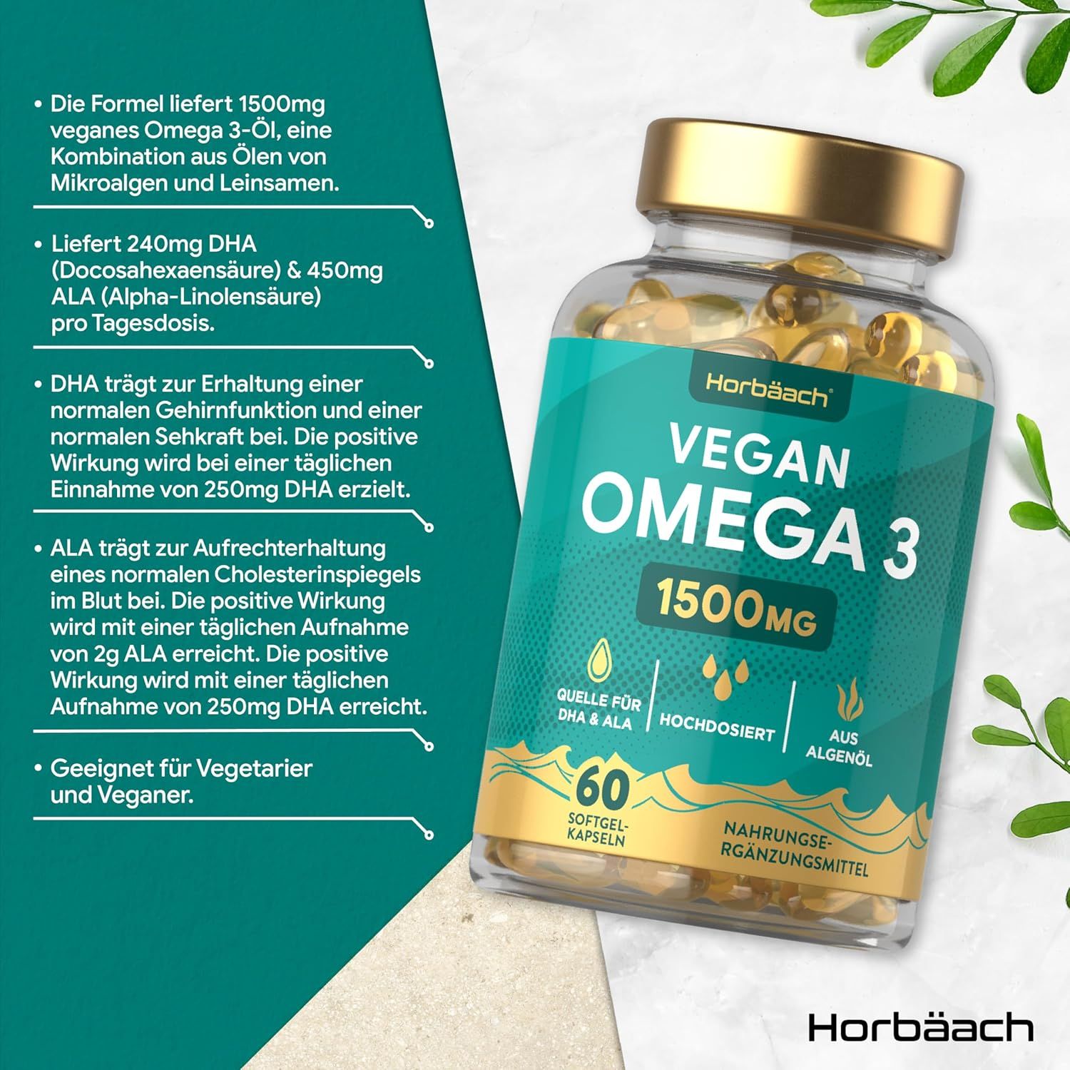Fles met capsules, groen etiket. Tekst: Vegan Omega 3, 1500mg, 60 capsules. Merk: Horbaach. Tekst ernaast: informatie over samenstelling.