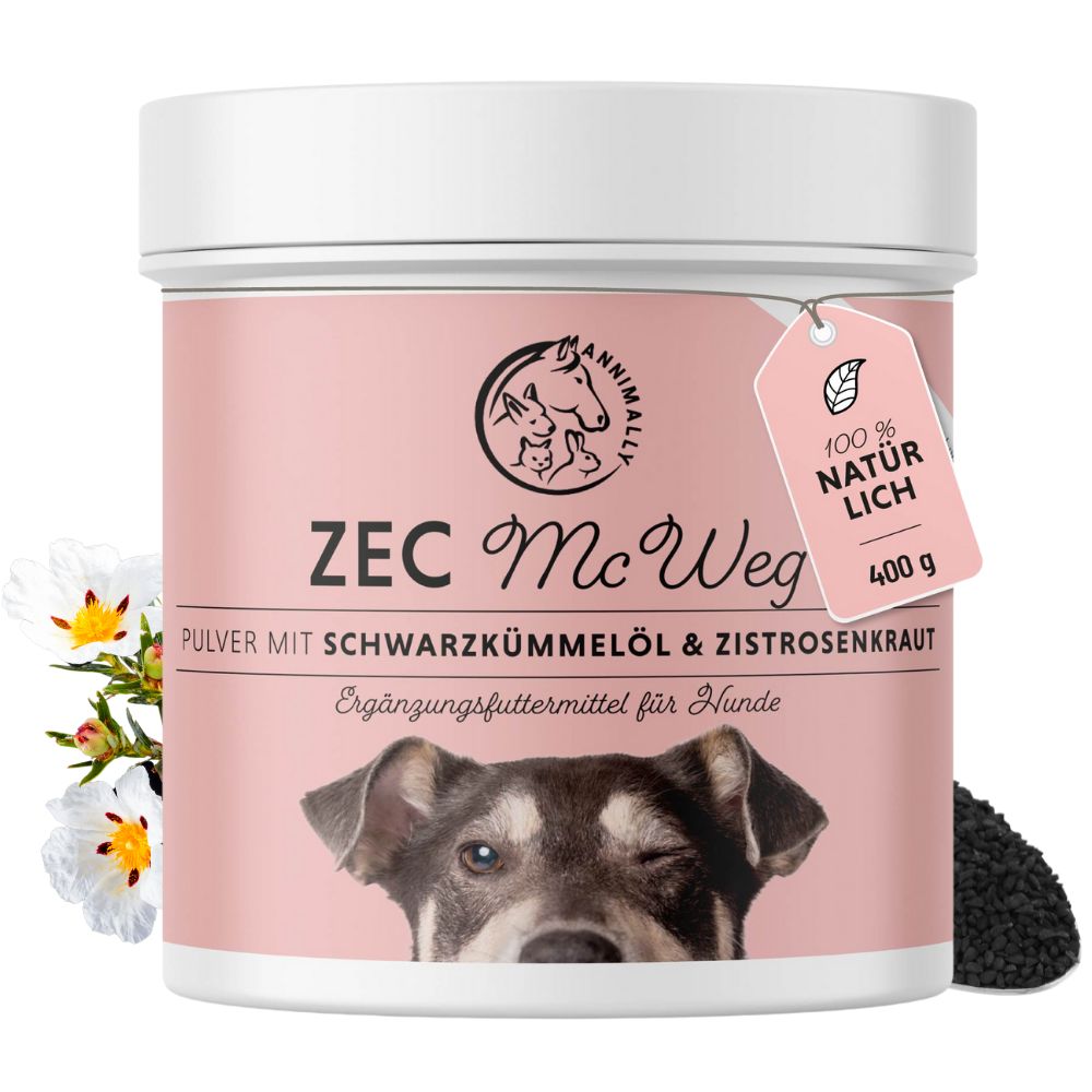 Pot met poeder voor honden. Opschrift: ZEC McWeg, 100% natuurlijk, 400 g. Hond met knipoog.
