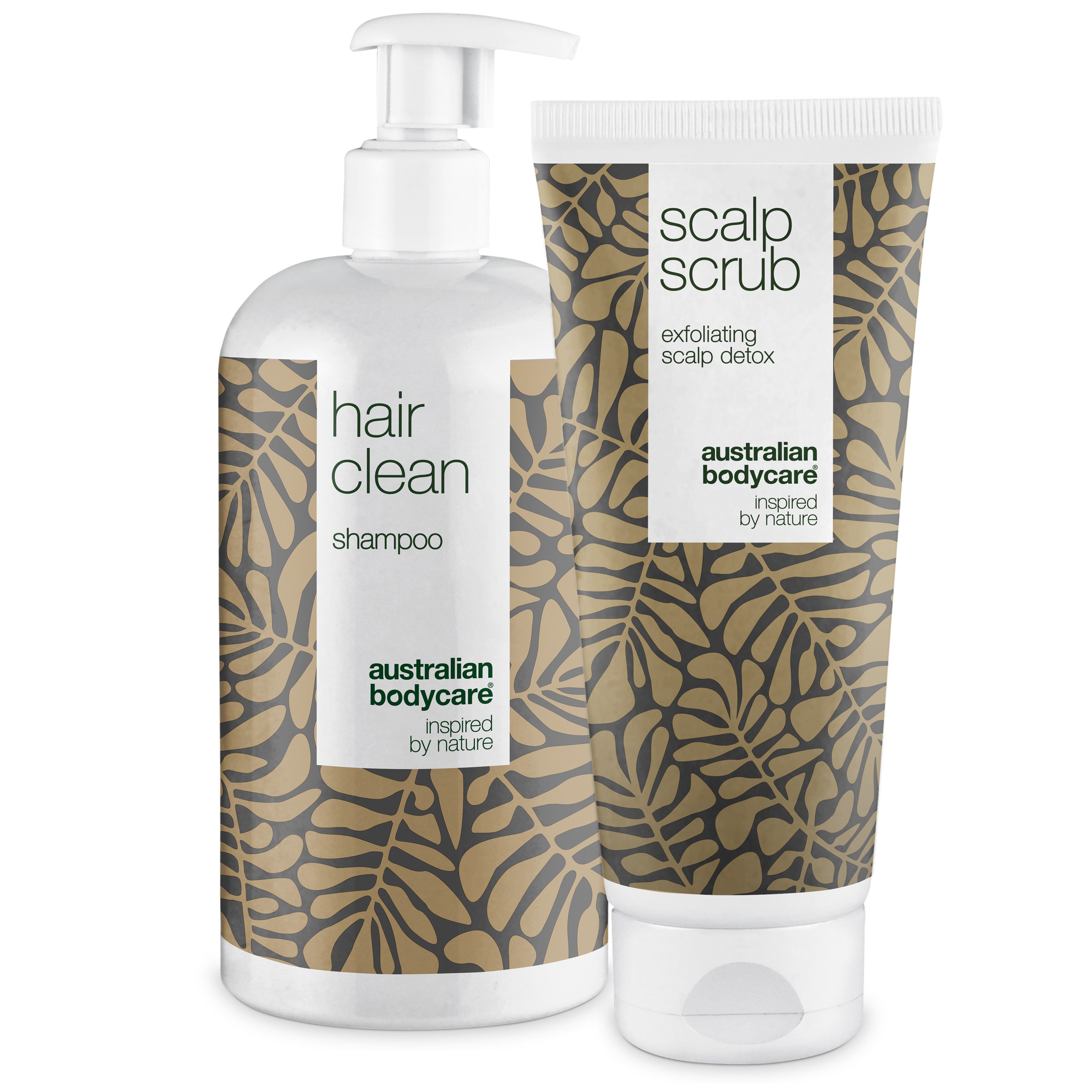 Tube et flacon de shampoing. Motif de feuilles marron. Marque : Australian Bodycare. Bouchons blancs.