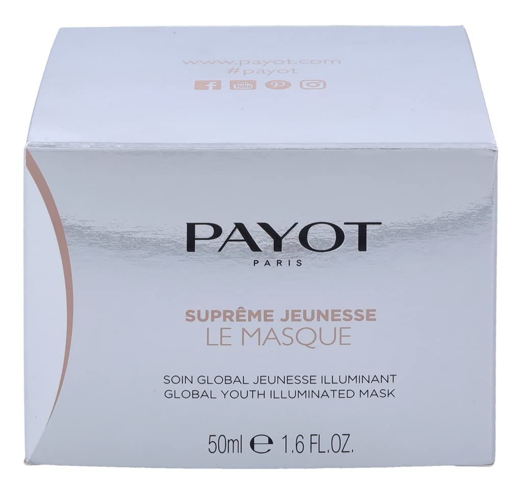 Boîte avec texte PAYOT PARIS, Supreme Jeunesse Le Masque. Texte: Soin Global Jeunesse Illuminant, Global Youth Illuminated Mask. 50ml.