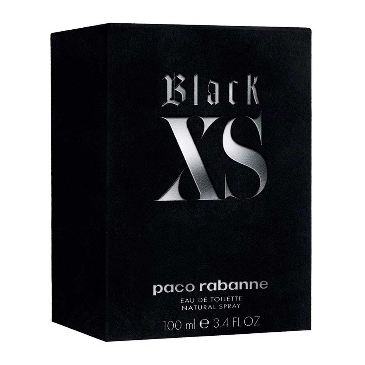 Boîte noire rectangulaire. Inscription "Black XS" et "paco rabanne". En bas, "Eau de Toilette".
