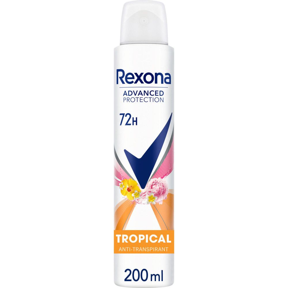 Spray déodorant Rexona. Bouteille blanche avec logo bleu, fleurs et inscription Tropical. Protection 72h. 200 ml.