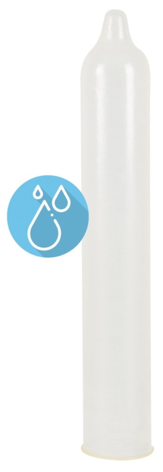 Préservatif blanc, cylindrique, extrémité arrondie. Graphique bleu avec gouttes d'eau. Bord jaune.
