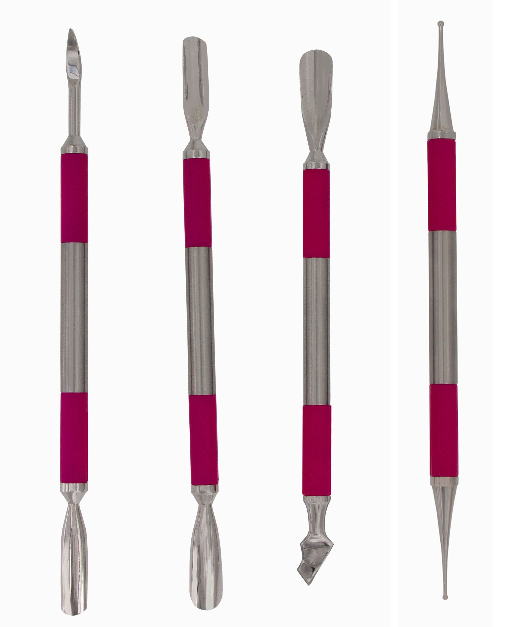 Quatre outils de manucure. Métal, manche rose. Différentes formes de pointes : grattoir, poussoir, nettoyeur, pointe.