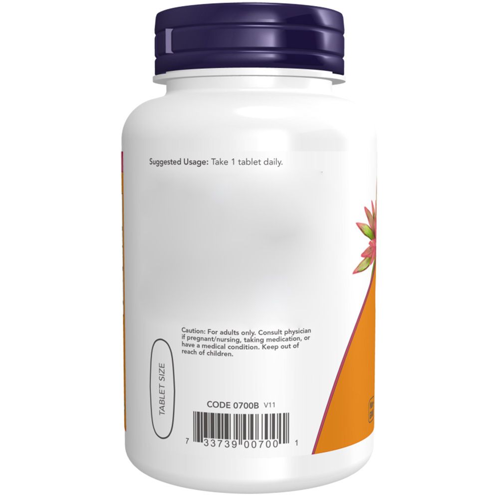 Achterkant van de witte fles. Oranje etiket met tekst. Barcode en tekst: Tablet Size. Aanbevolen gebruik: Neem dagelijks 1 tablet.