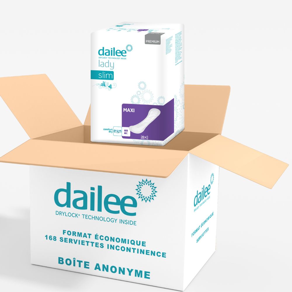 Paquet Dailee Lady Slim Maxi dans une boîte. Boîte avec l'inscription 'Format économique'.