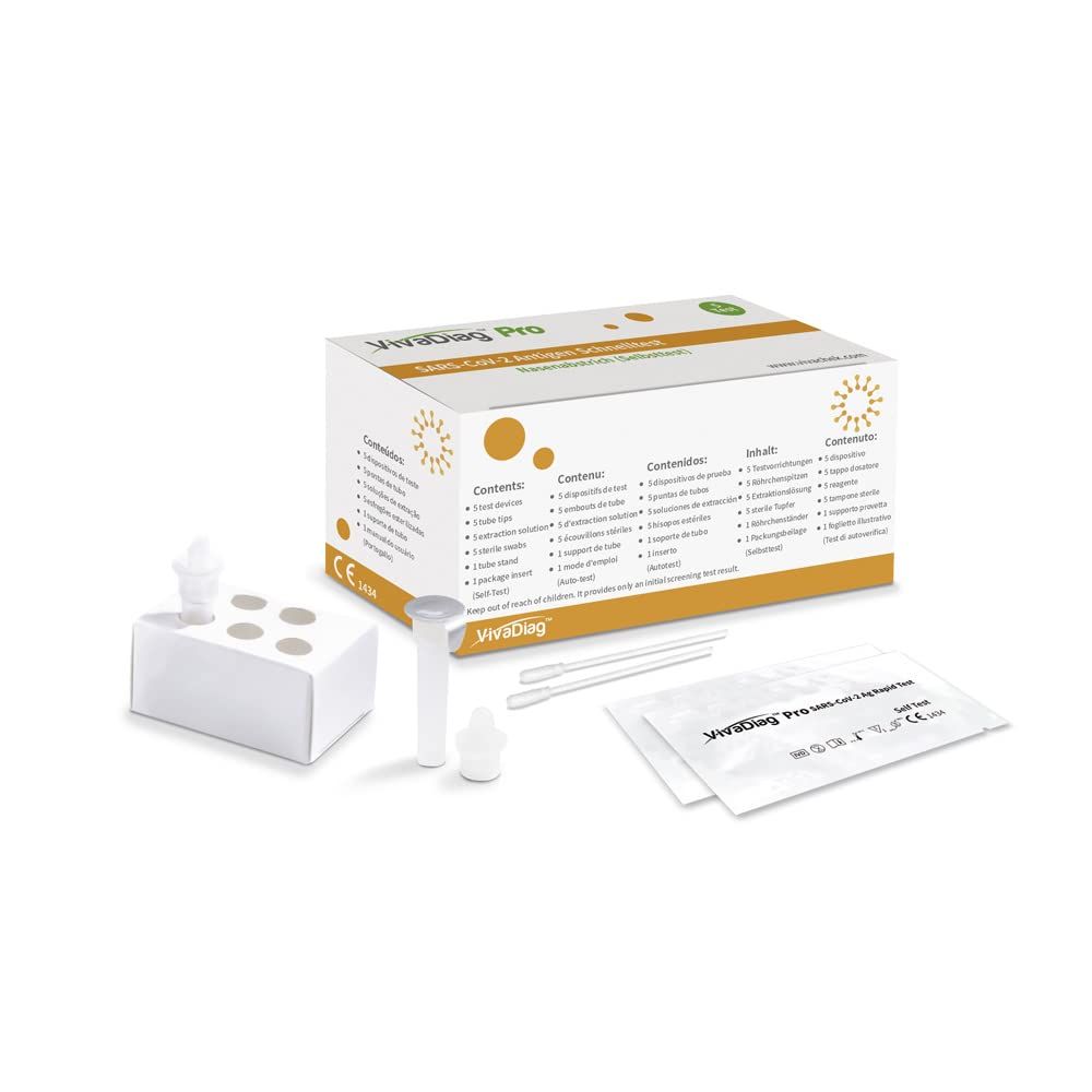 VivaDiag Pro test antigénique. Boîte, composants de test, support, flacon compte-gouttes, pipettes et cassettes de test.