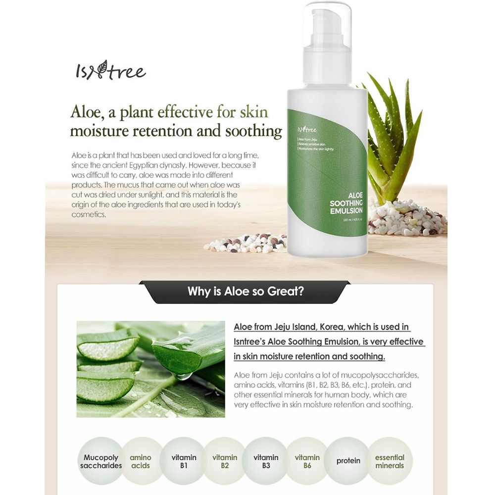 Productfles met tekst: Aloe Soothing Emulsion. Tekst en aloë vera plant op een informatieblad.