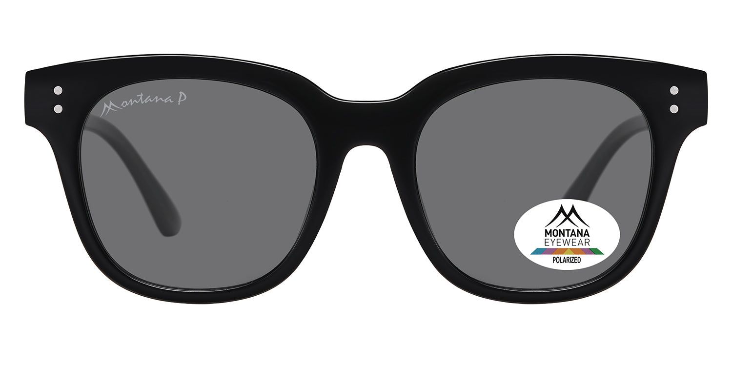 Lunettes de soleil noires avec verres gris. Logo Montana Eyewear et autocollant de polarisation. Forme ronde.