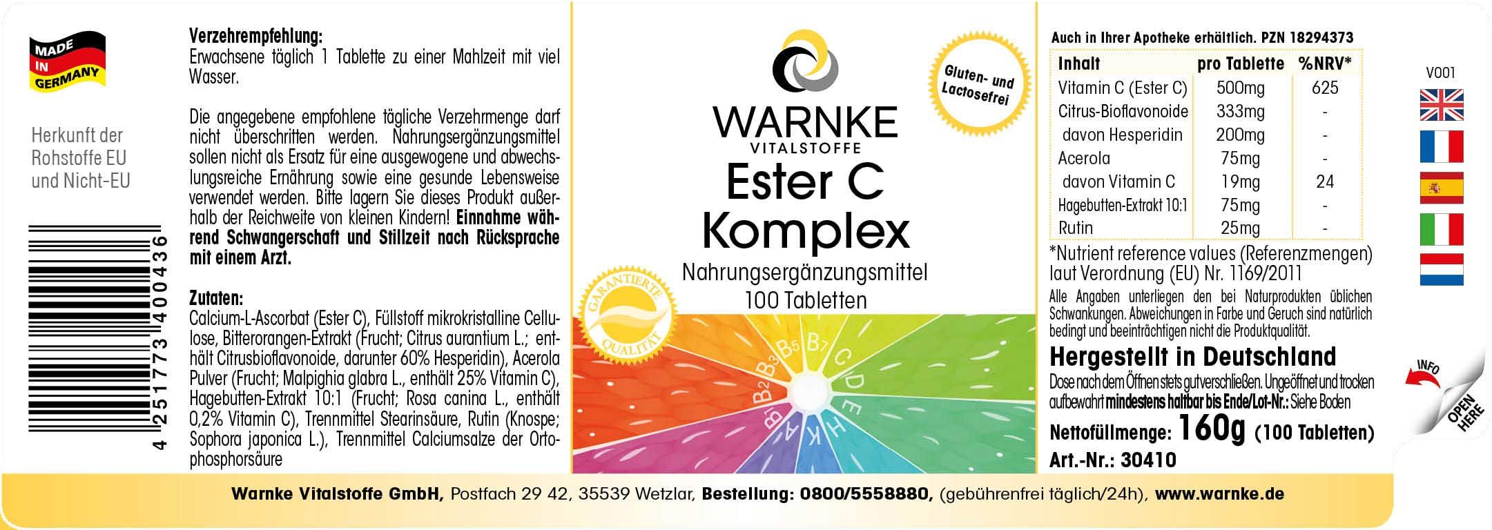 Étiquette avec informations produit. Inscription: Warnke Ester C Komplex. 100 comprimés. Ingrédients et informations nutritionnelles.