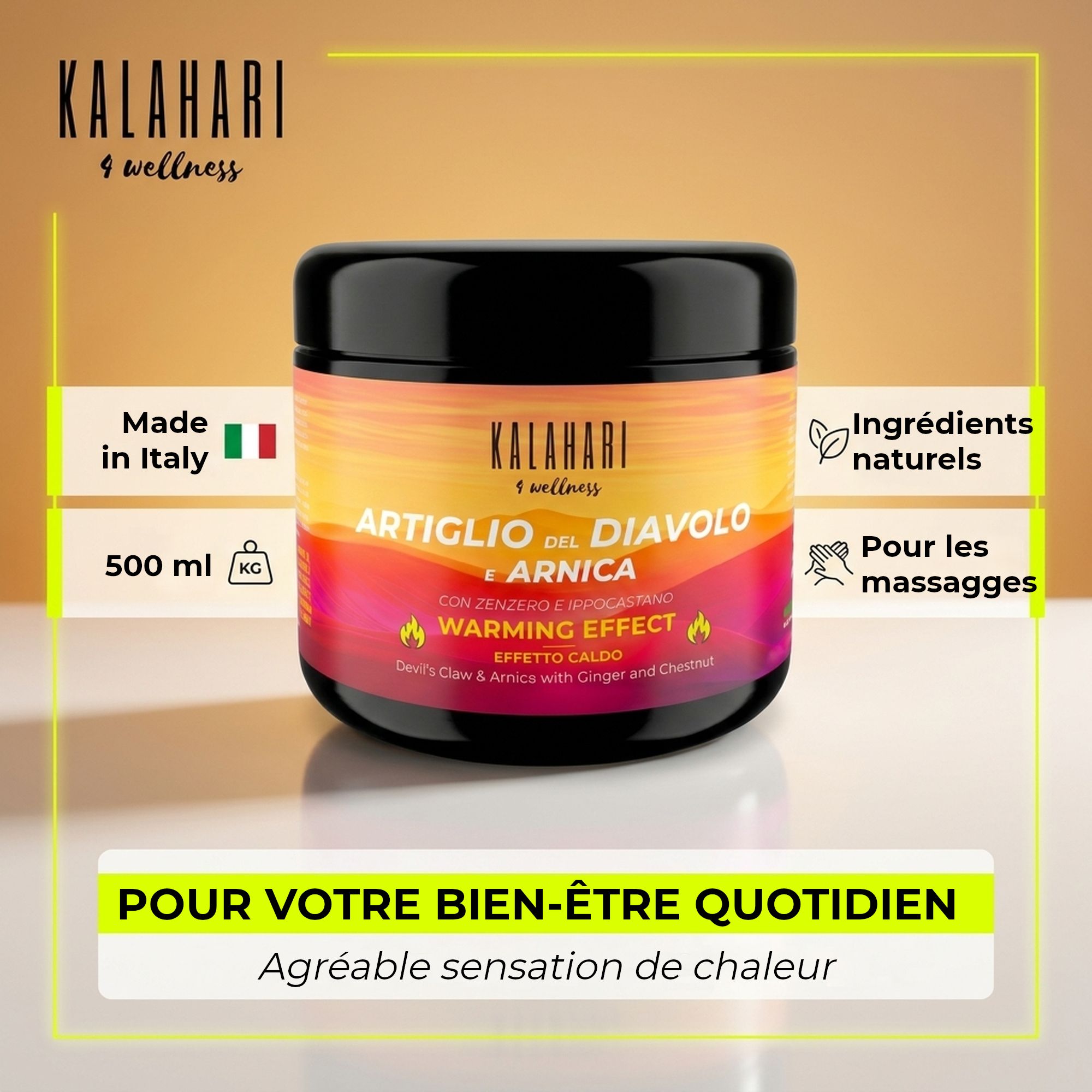 Pot : Fabriqué en Italie, 500ml, ingrédients naturels, pour massages.