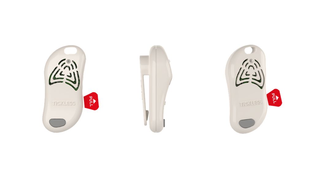 Trois appareils beiges. Tirette rouge. Appareil avec clip. Appareil avec trou. Texte 'TICKLESS'.