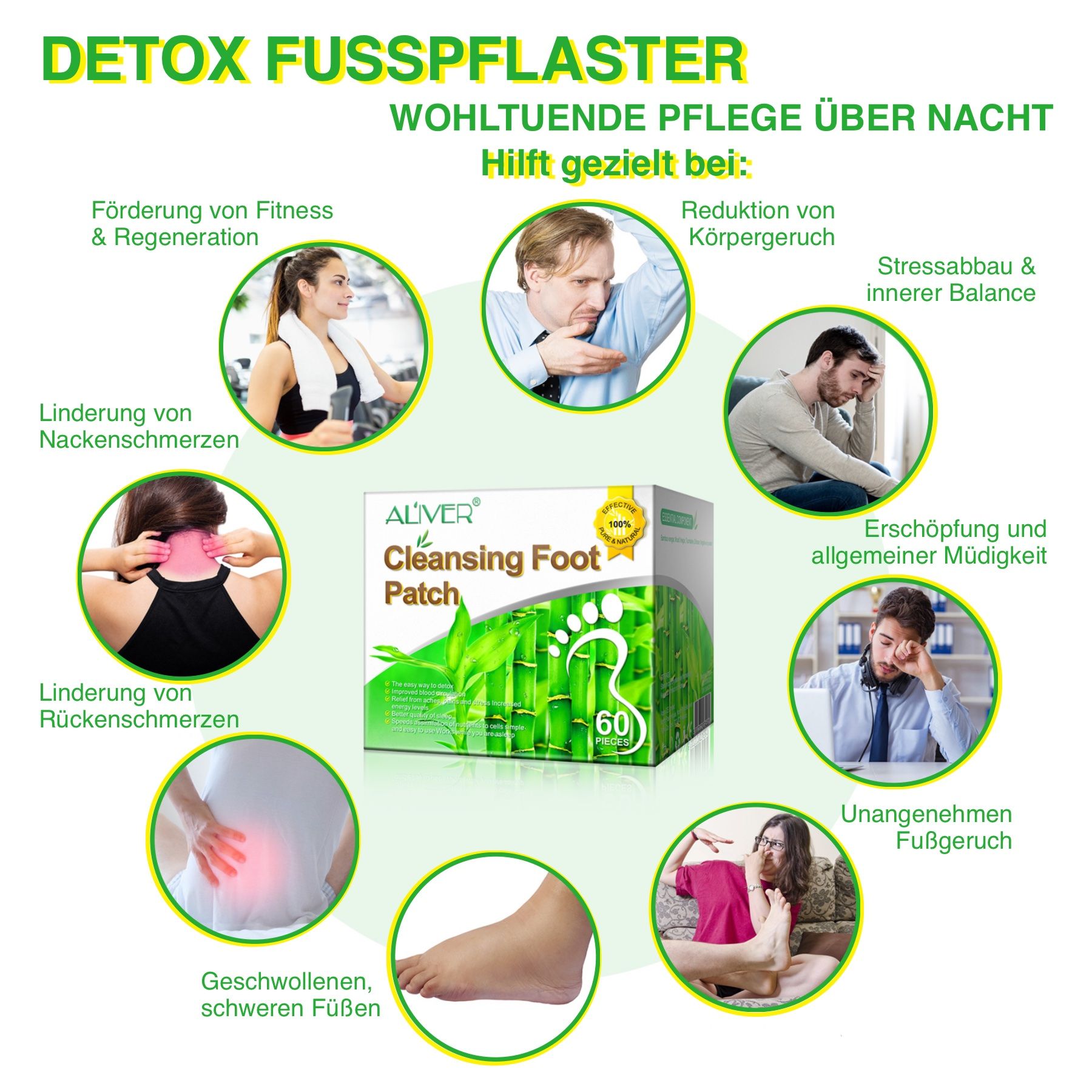Infographie avec ALIVER Cleansing Foot Patch. Illustrations montrant les utilisations et les avantages possibles du produit.