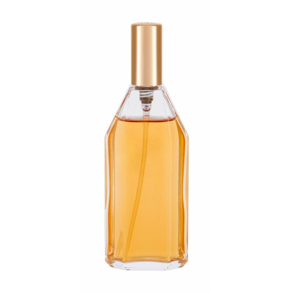 Flacon transparent avec bouchon doré. Forme rectangulaire aux coins arrondis. Liquide visible.