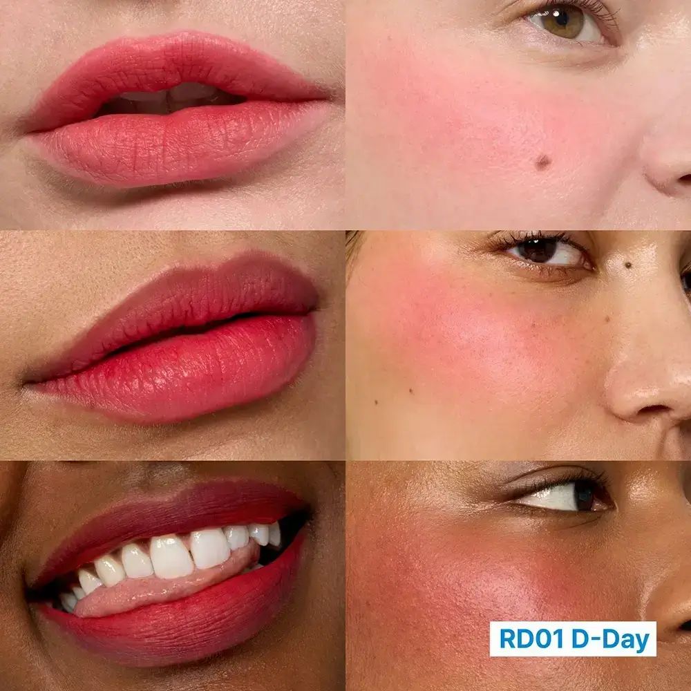 Verschillende close-ups van lippen en wangen met rode make-up. Tekst: "RD01 D-Day".