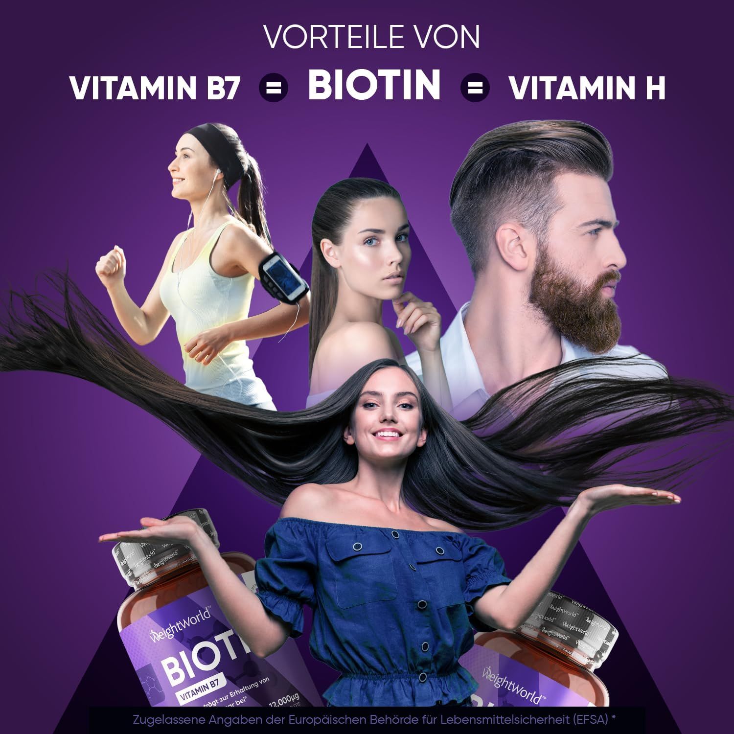 Reclamebeeld met mensen en haar. Flessen met BIOTINE. Tekst: Voordelen van vitamine B7 = Biotine = Vitamine H.