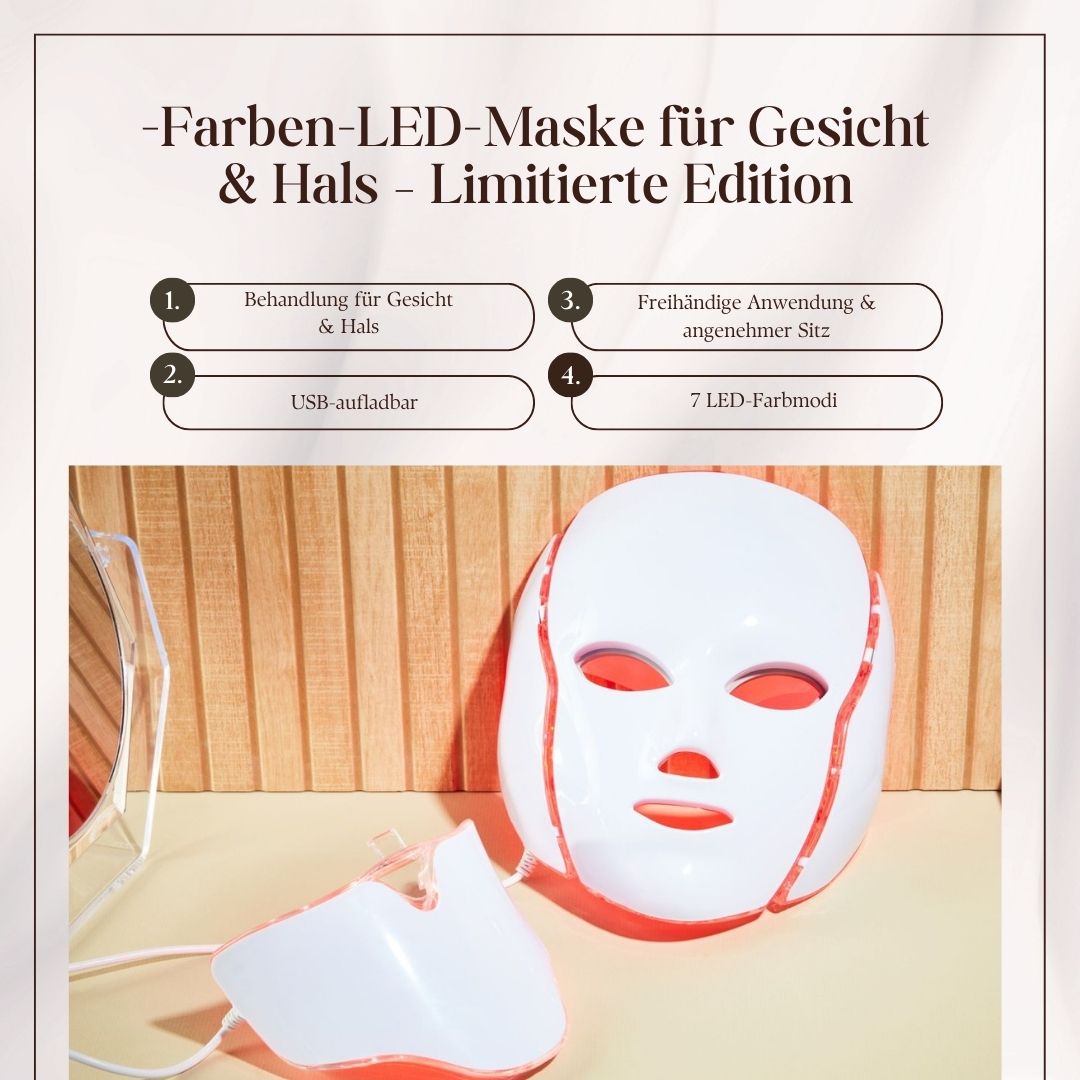 Masque facial LED blanc avec col. Texte : Masque LED couleurs pour visage & cou - Édition limitée.