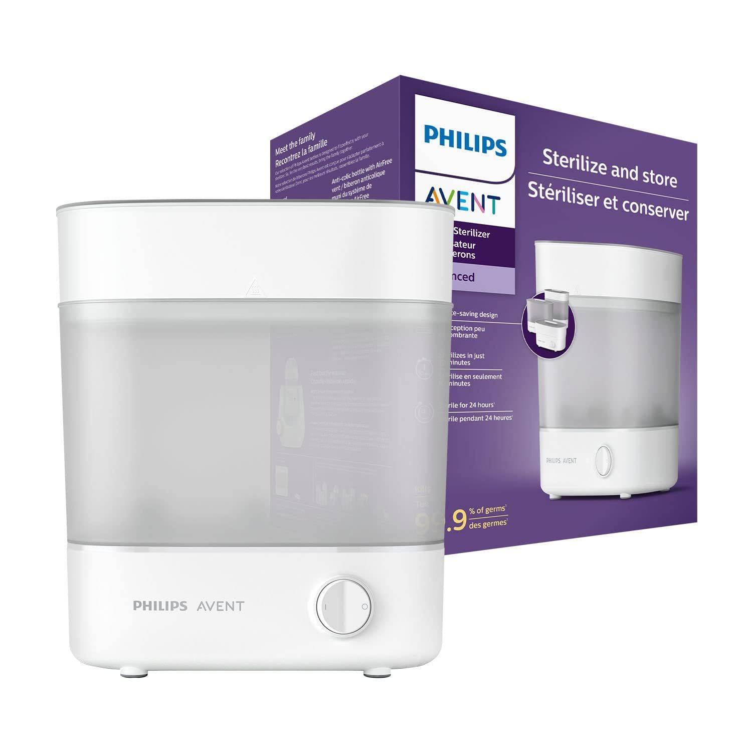 Stérilisateur Philips Avent à côté de son emballage violet, mettant en avant les fonctions de stérilisation et de stockage.