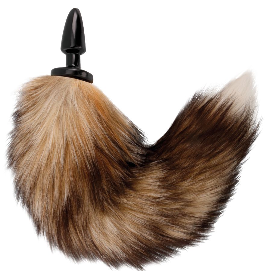 Plug anal en silicone avec une longue queue touffue en fausse fourrure marron et beige.