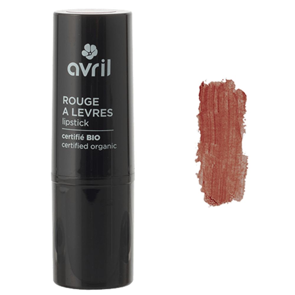 Rouge à lèvres "avril" dans un étui noir, avec un échantillon de couleur rouge-brun. Certifié bio.