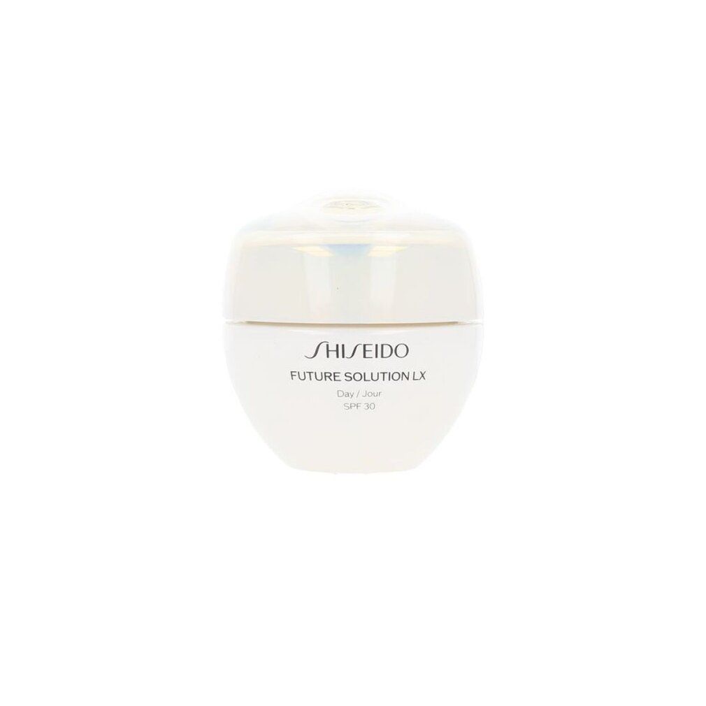 Witte crèmepot met deksel. Opschrift: SHISEIDO Future Solution LX Day / Jour SPF 30.