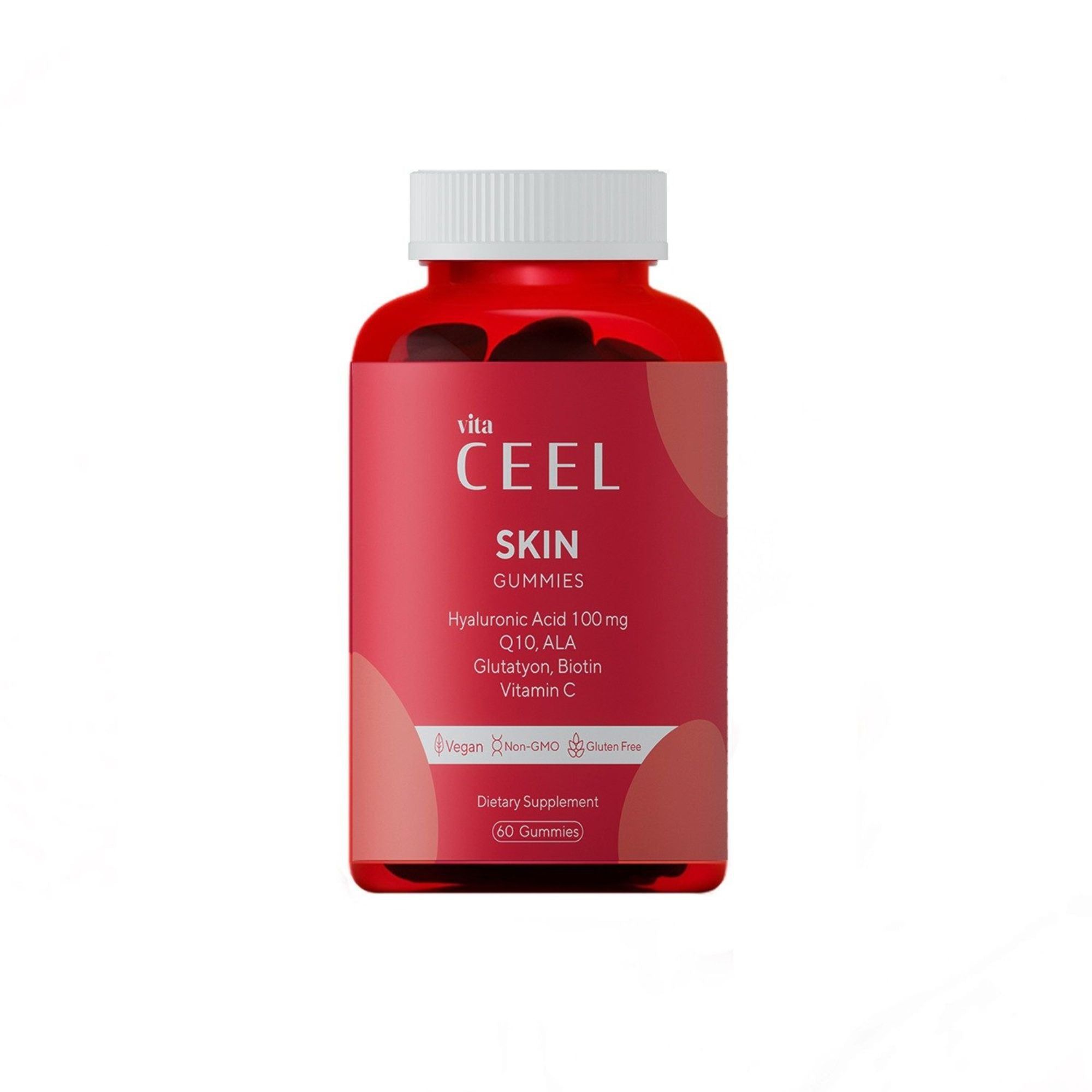 Rode fles met vita CEEL SKIN GUMMIES. Bevat Hyaluronzuur, Q10, ALA, Glutathion, Biotine, Vitamine C. 60 gummies.