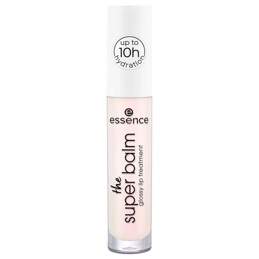 Lipverzorgingscontainer. Opschrift: "essence the super balm glossy lip treatment". Dop met "up to 10h hydration".