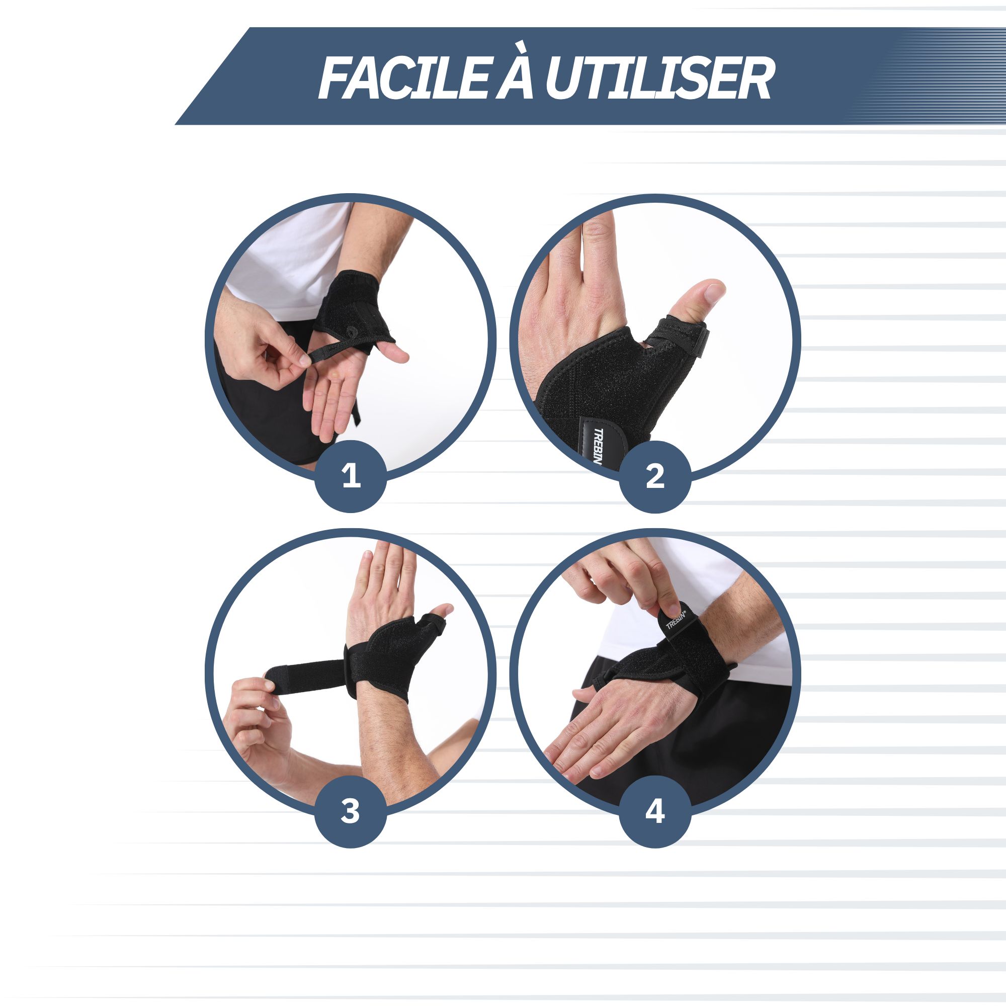 Instructions d'utilisation simple d'une orthèse de poignet avec fixation du pouce en quatre étapes.