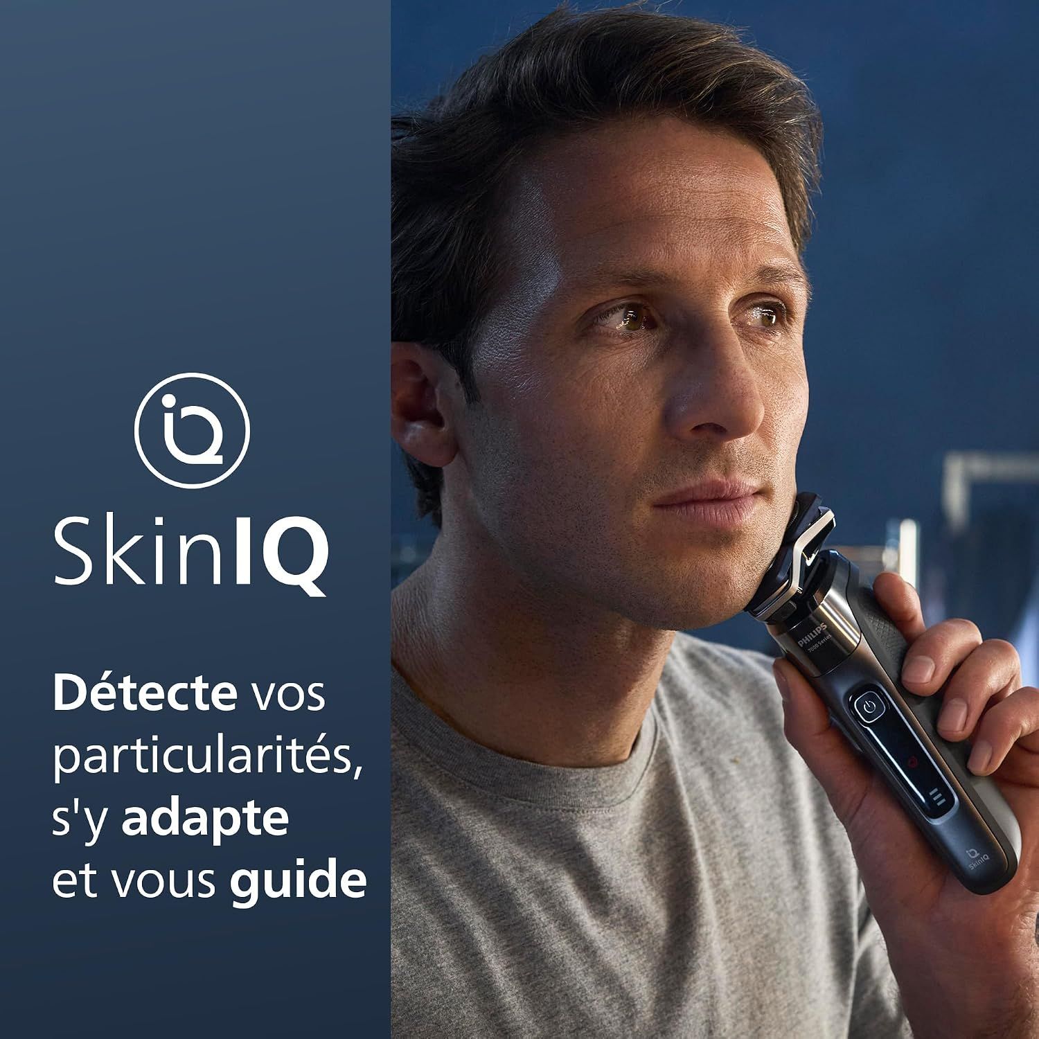 Rasoir électrique avec technologie SkinIQ, noir et argent, avec écran numérique.