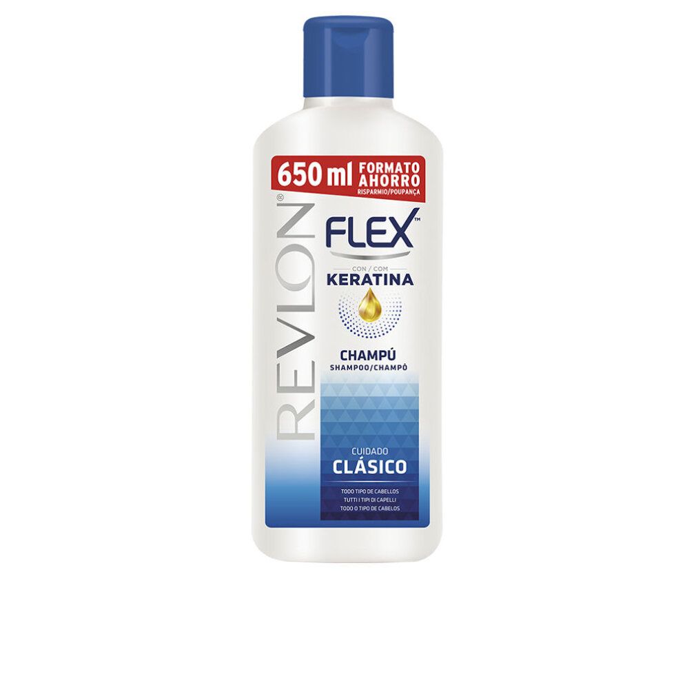 Flacon de shampooing Revlon Flex, blanc avec bouchon bleu. Texte: Flex, Kératine, Shampooing, Soin Classique, 650 ml.