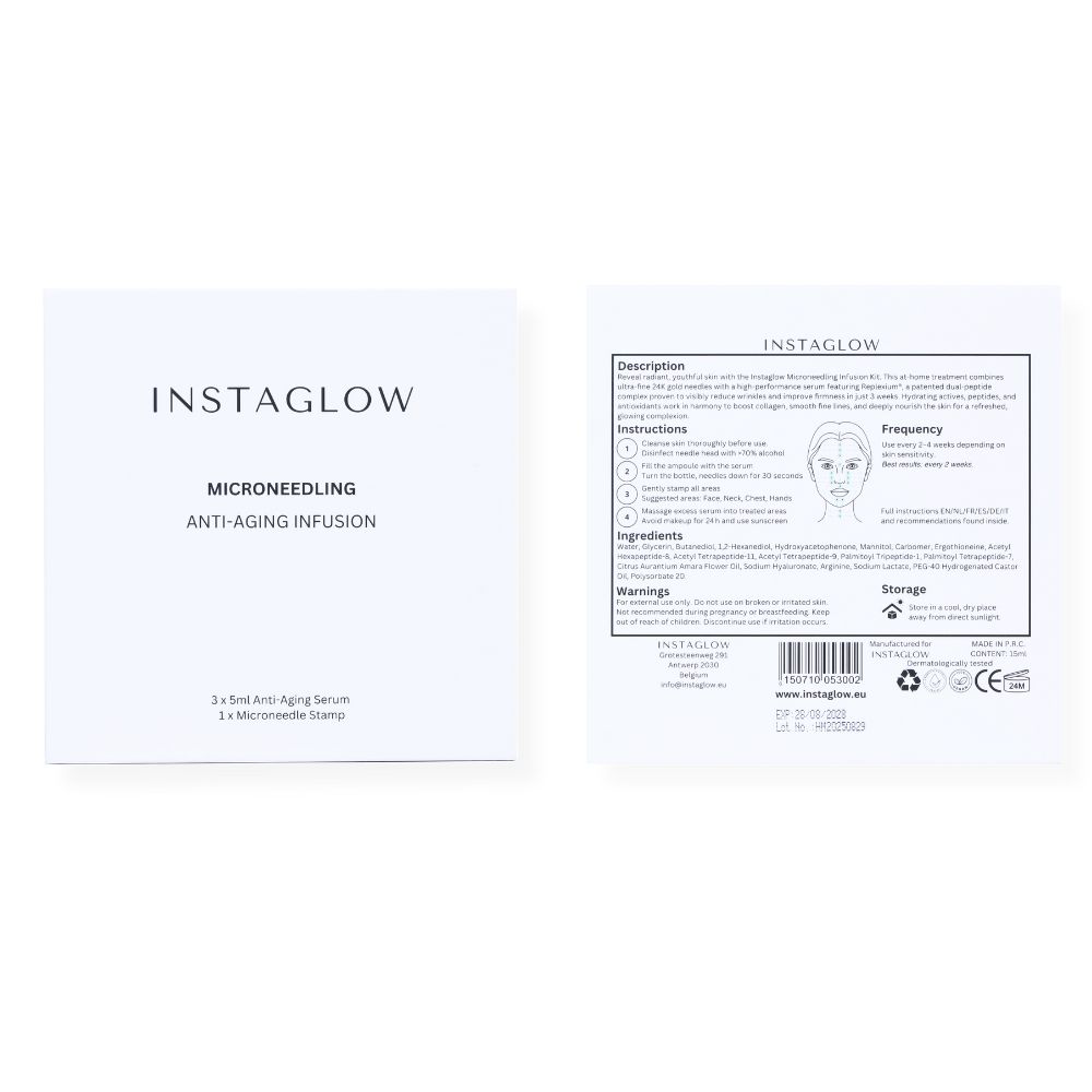 Emballage avec informations sur le produit. Contient 3 sérums et un tampon microneedle. Instaglow Microneedling Anti-Aging Infusion.