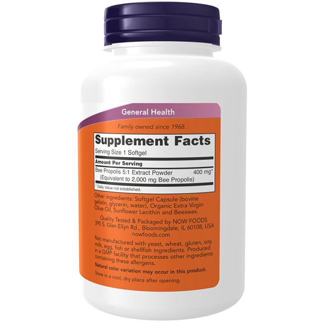 Flacon blanc, bouchon violet. Étiquette orange avec texte: Supplement Facts, extrait de propolis 5:1, 400 mg. NOW Foods.
